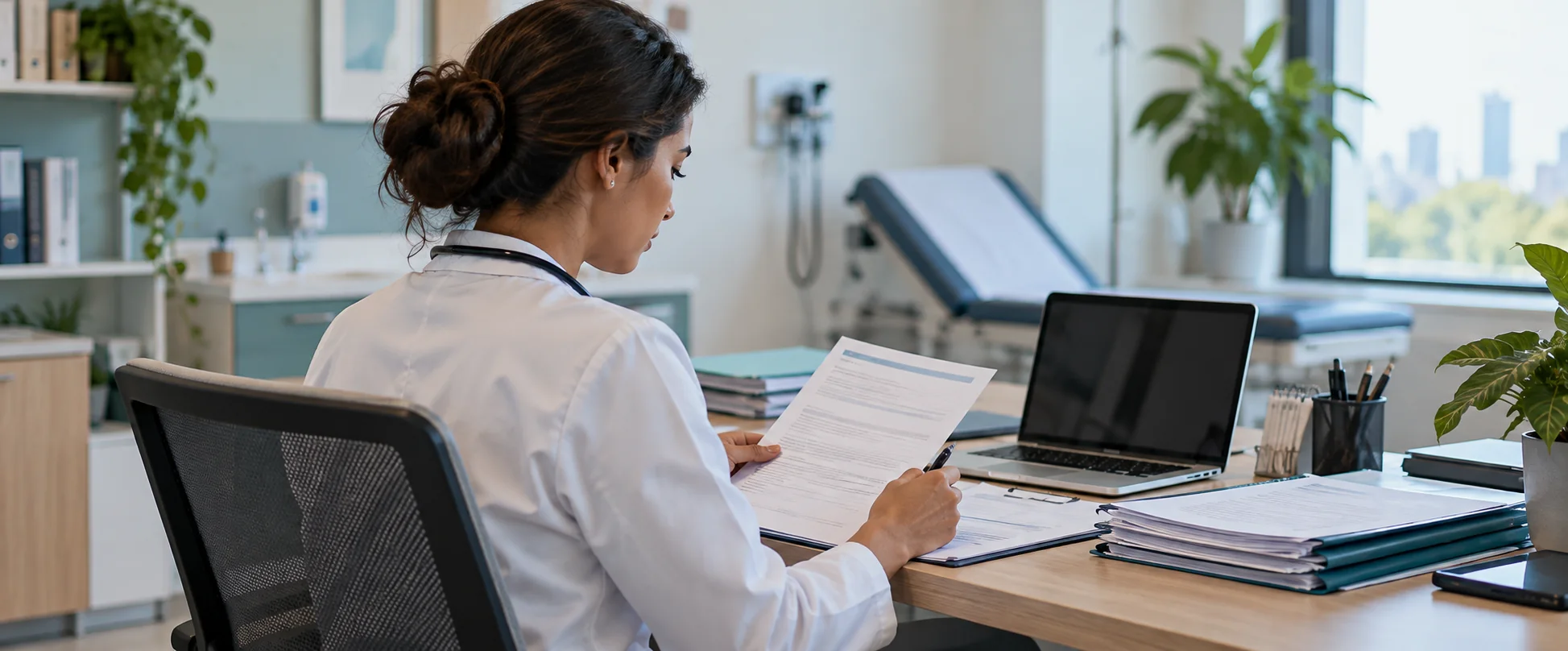 Profissional de saúde revisando documentos em seu local de trabalho